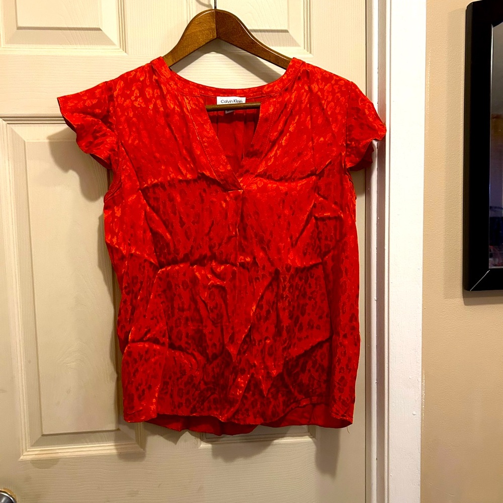 Calvin Klein Red Ruffled Cap Sleeve Blouse - size medium